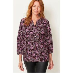 J Jill Womens Black Purple Floral Corduroy Peasant Shirt 3/4 Sleeve M‎